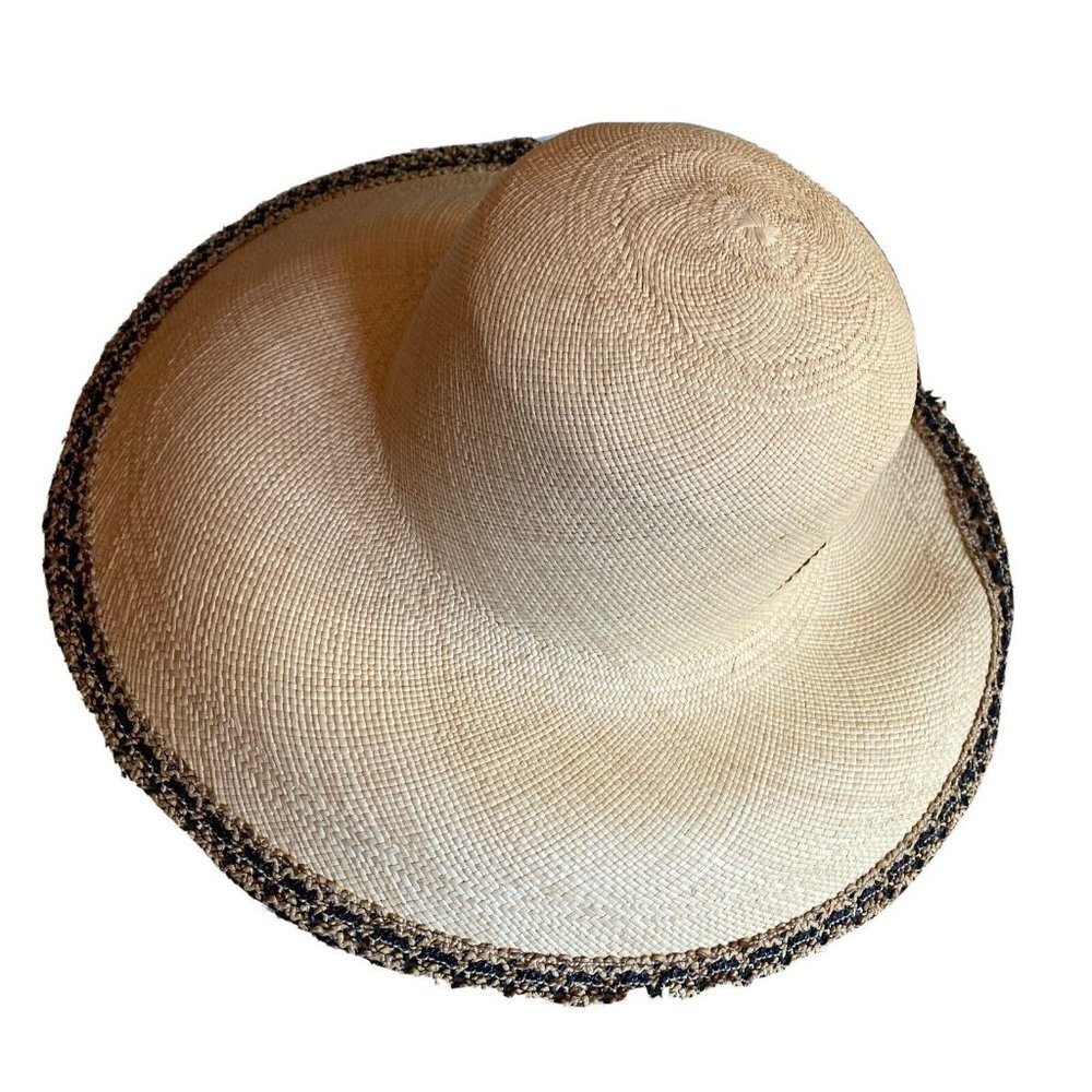 Woven Wide Brim Sun Beach Hat Black Trim‎ Detail